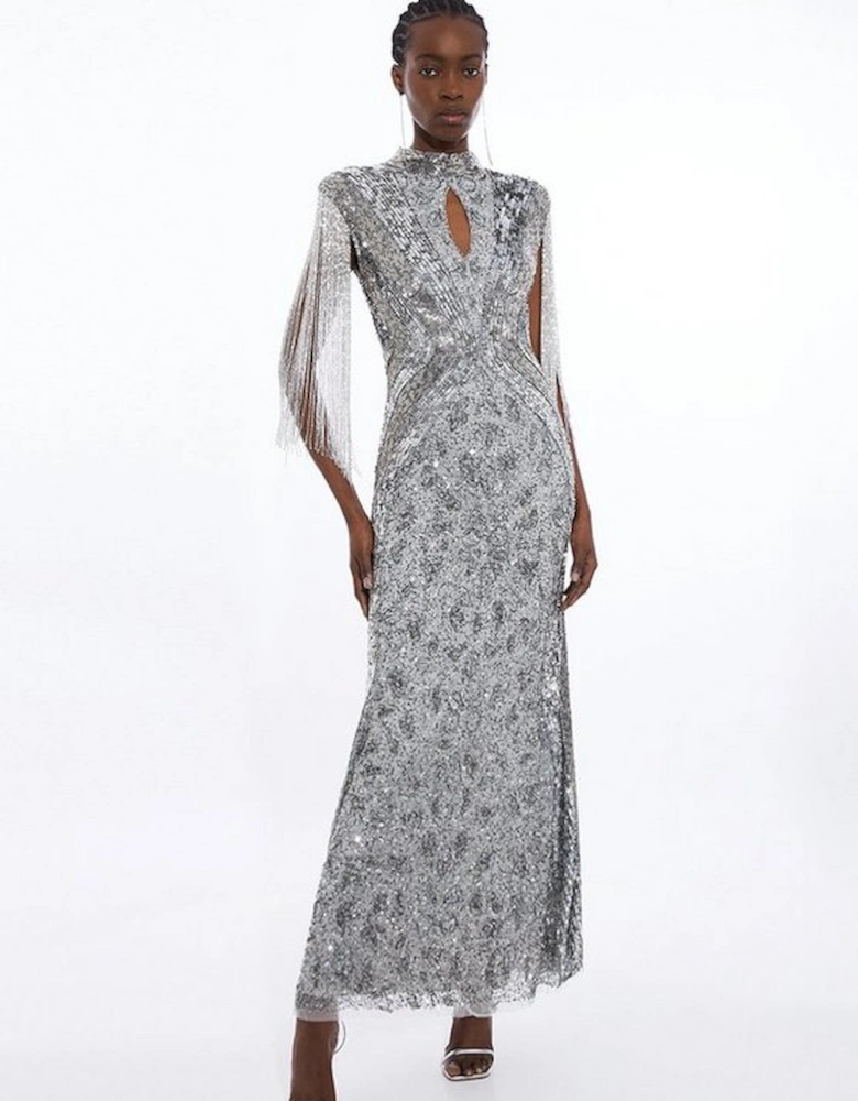 Embellished Beaded Cap Sleeve Woven Maxi Dress