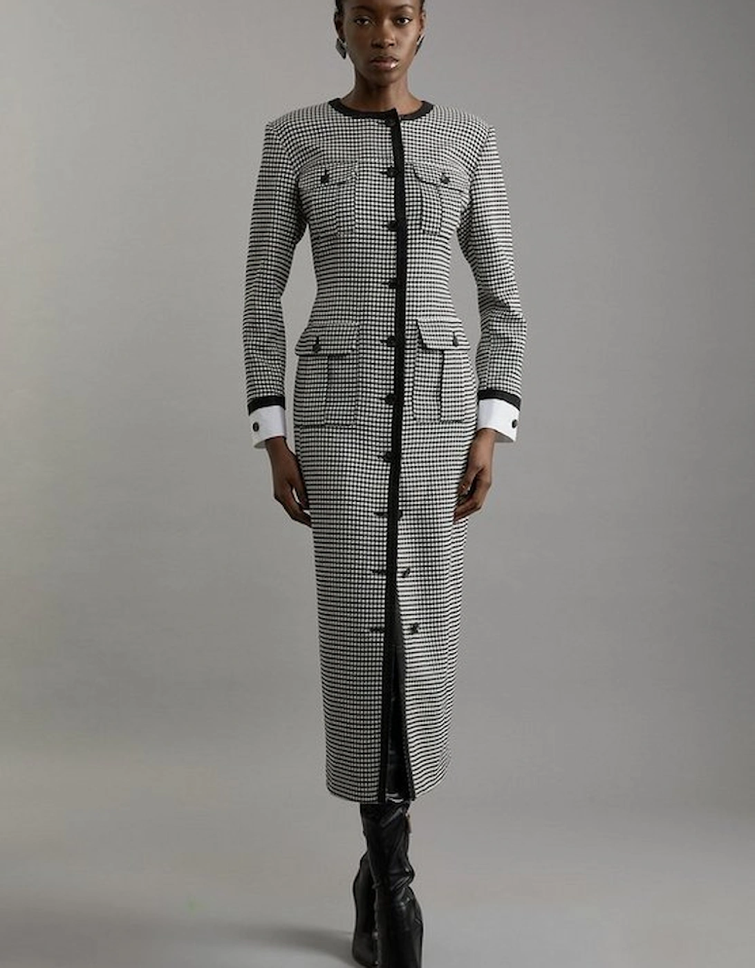 Tailored Check Contrast Cuff  Maxi Dress