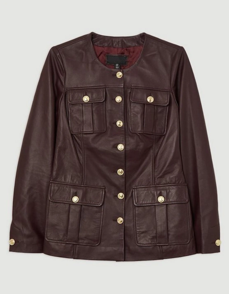 Leather Military Button Through Tailored Collarless Jacket