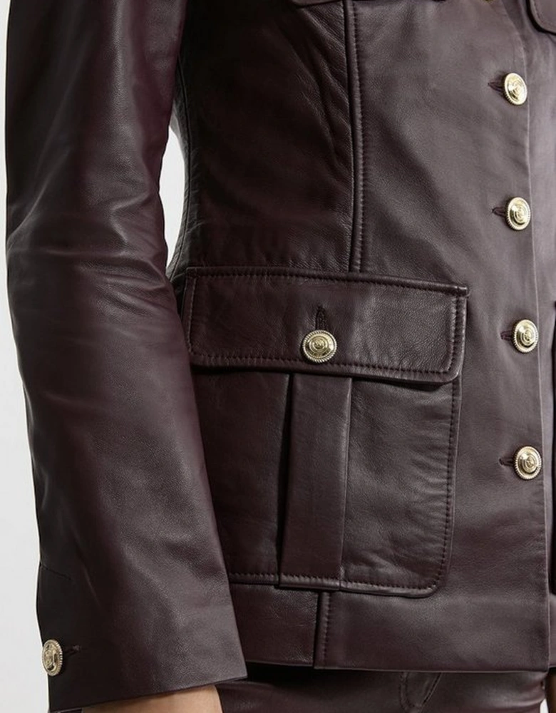 Leather Military Button Through Tailored Collarless Jacket