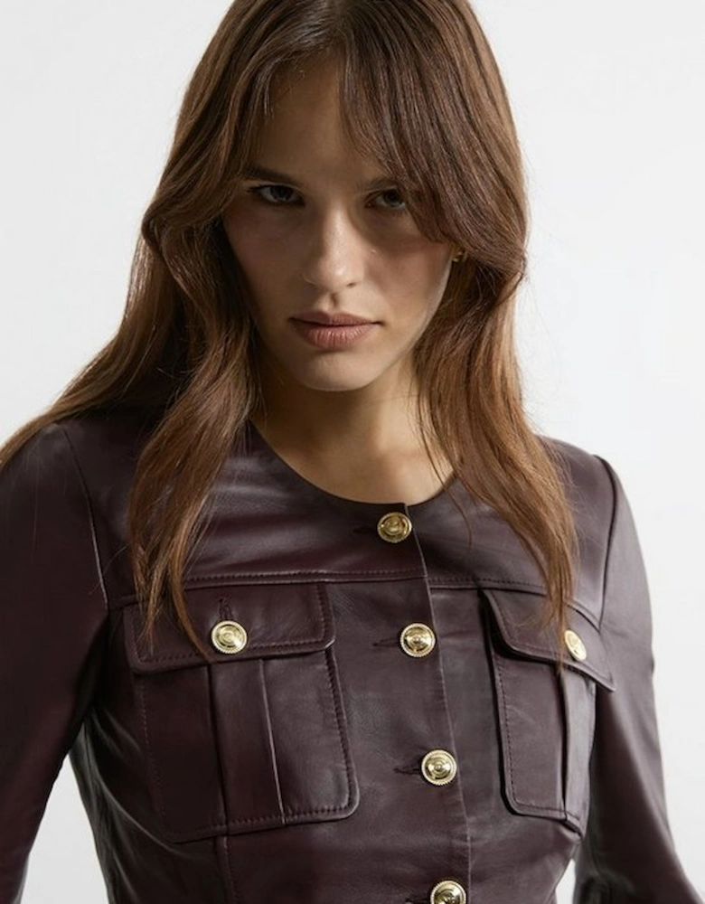 Leather Military Button Through Tailored Collarless Jacket