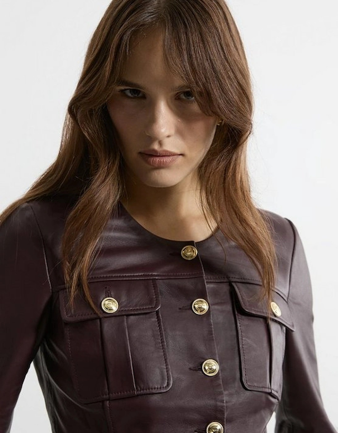 Leather Military Button Through Tailored Collarless Jacket