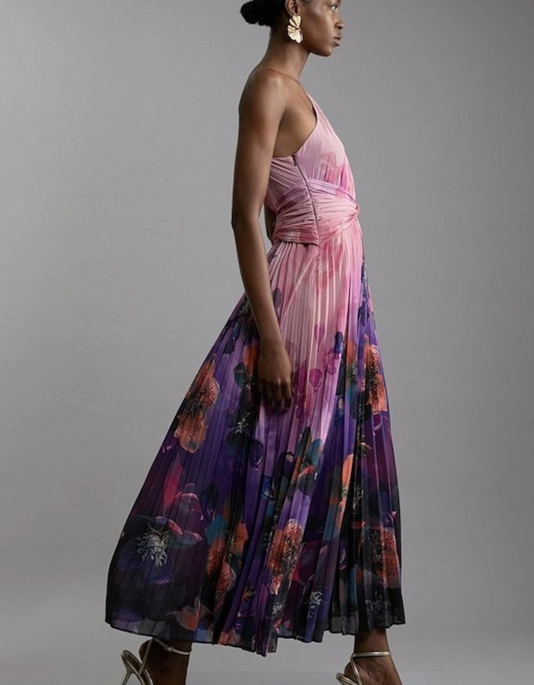 Ombre Floral Soft Pleated One Shoulder Maxi Dress