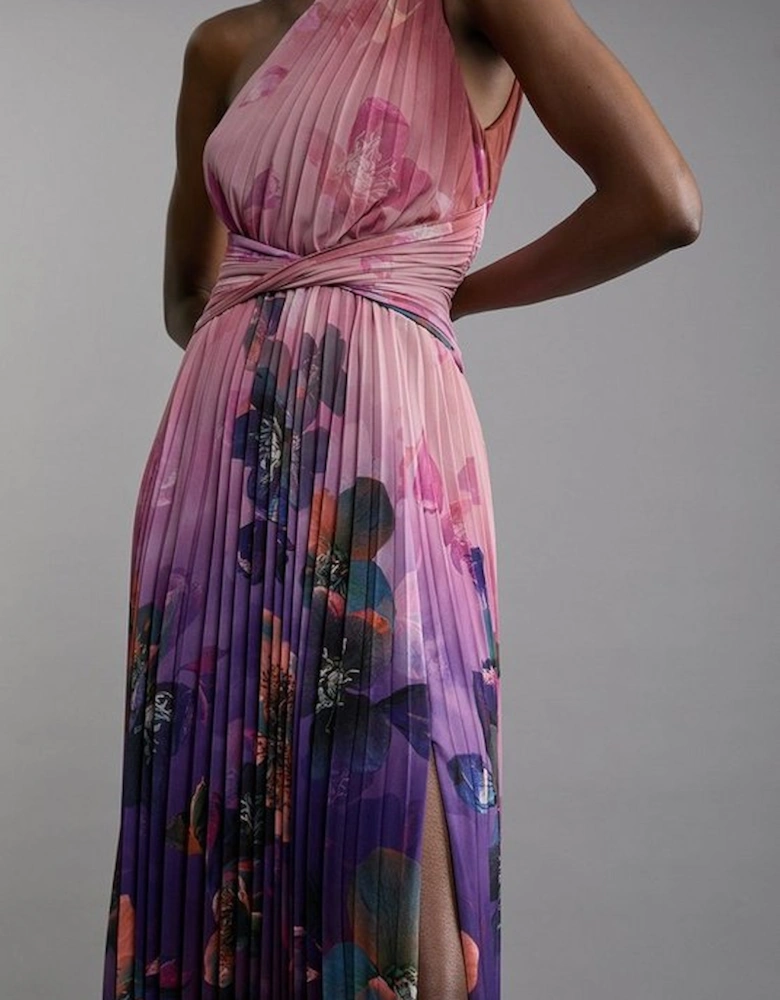 Ombre Floral Soft Pleated One Shoulder Maxi Dress