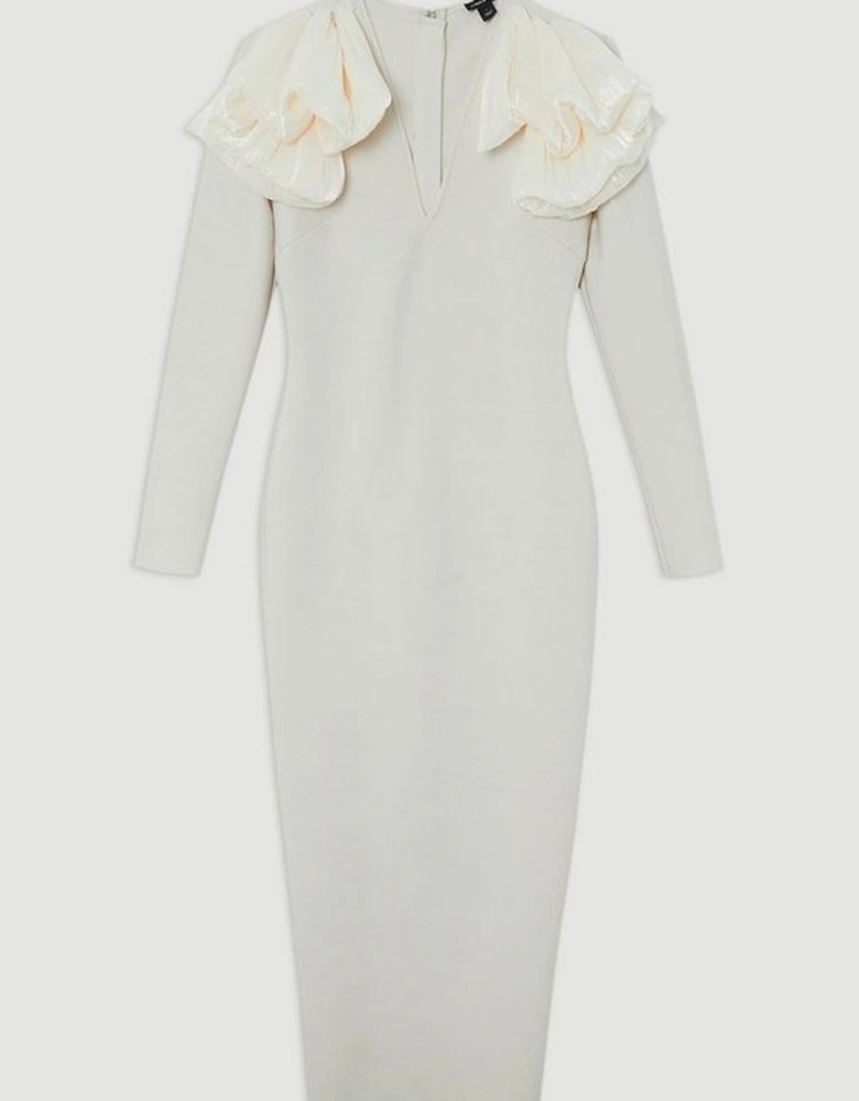 Figure Form Bandage Knit Silk Ruffle Shoulder Detail Maxi Dress