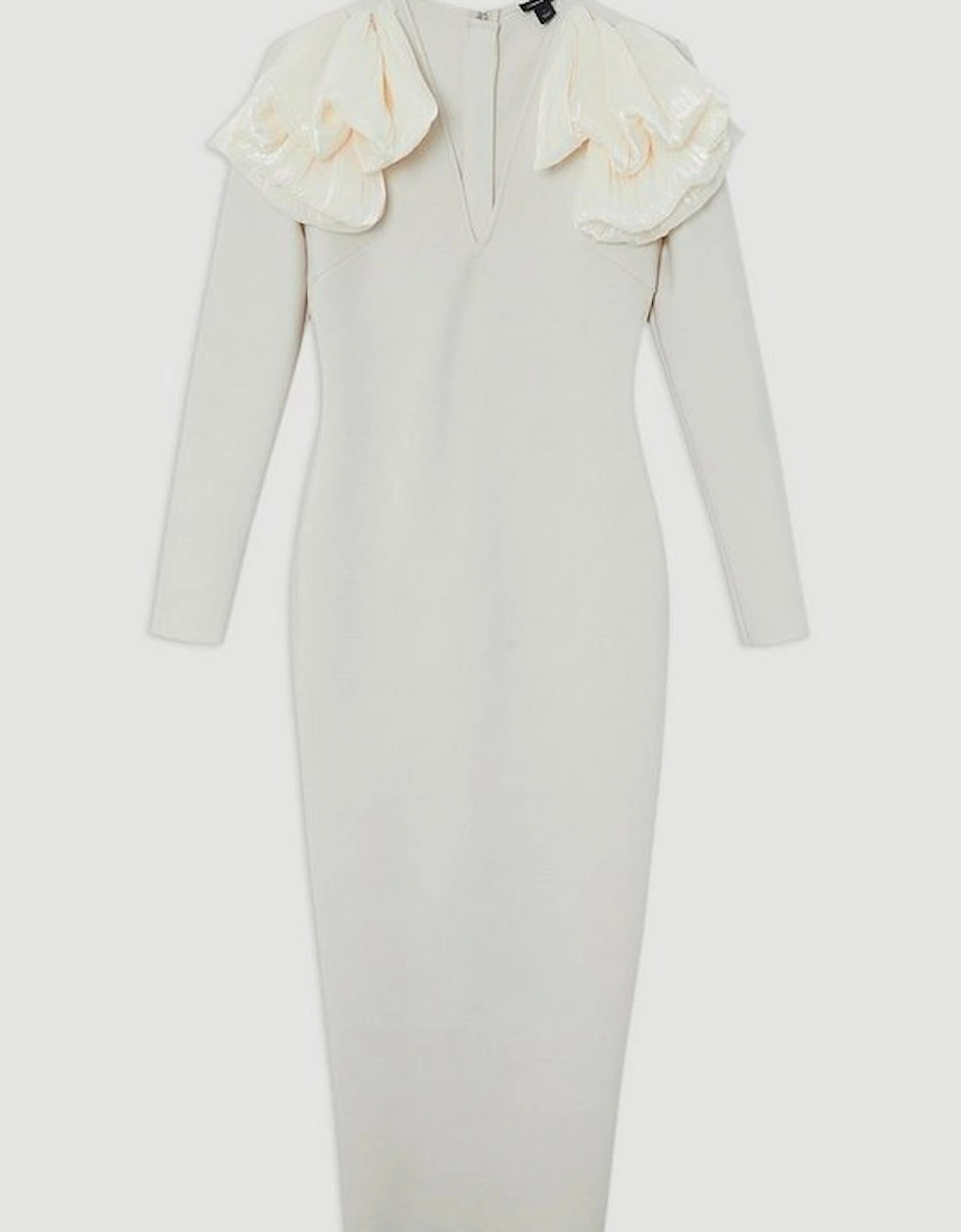Figure Form Bandage Knit Silk Ruffle Shoulder Detail Maxi Dress