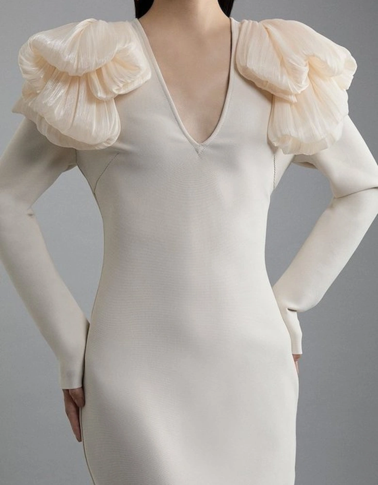 Figure Form Bandage Knit Silk Ruffle Shoulder Detail Maxi Dress