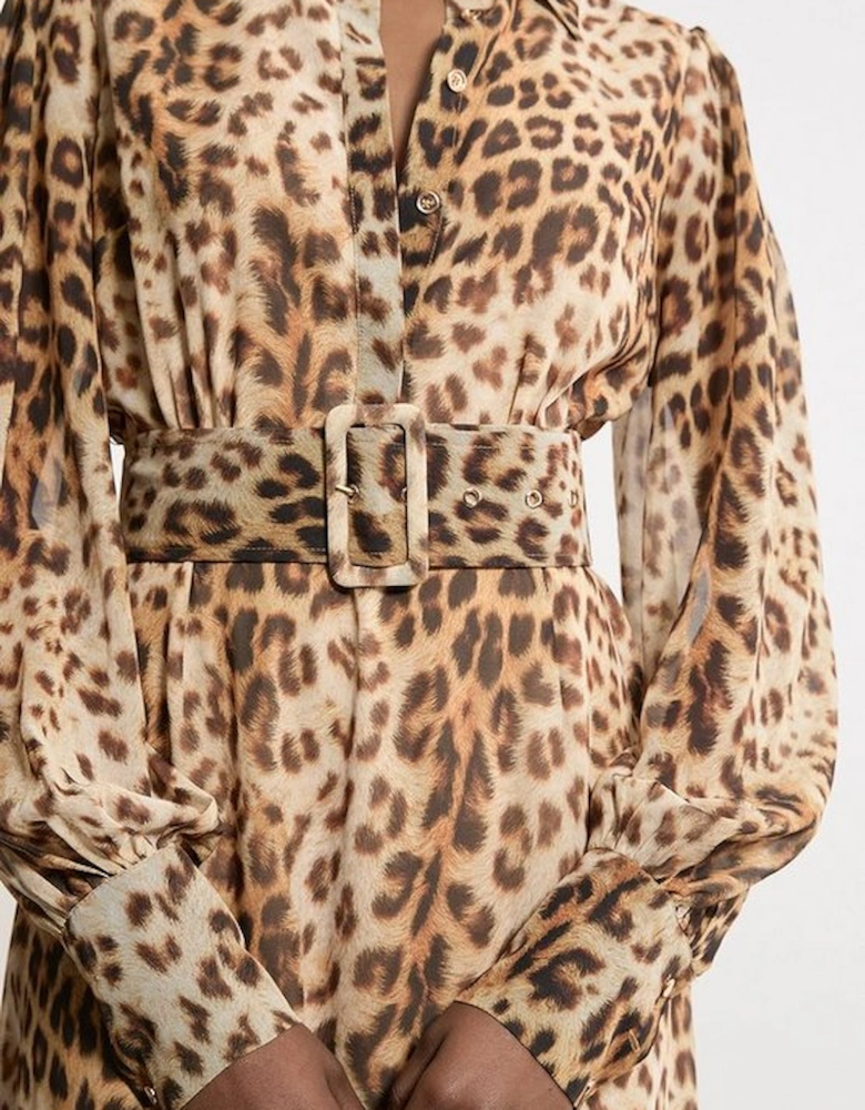 Georgette Belted Leopard Woven Shirt Dress