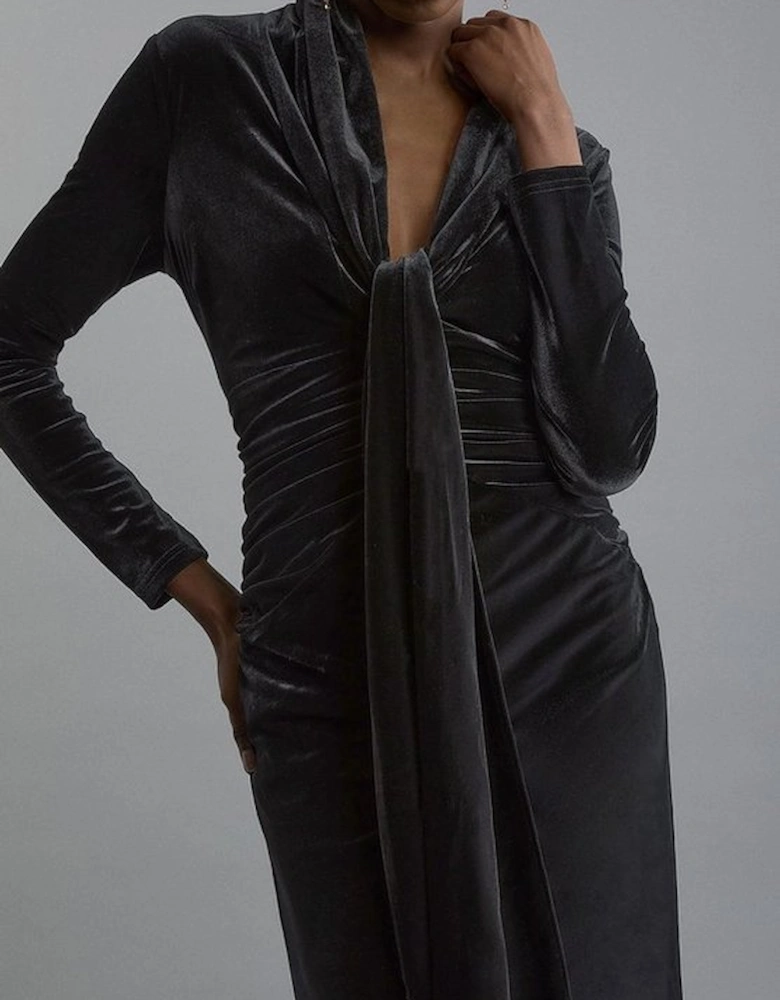 Velvet Long Sleeve Wrap V Neck Maxi Dress