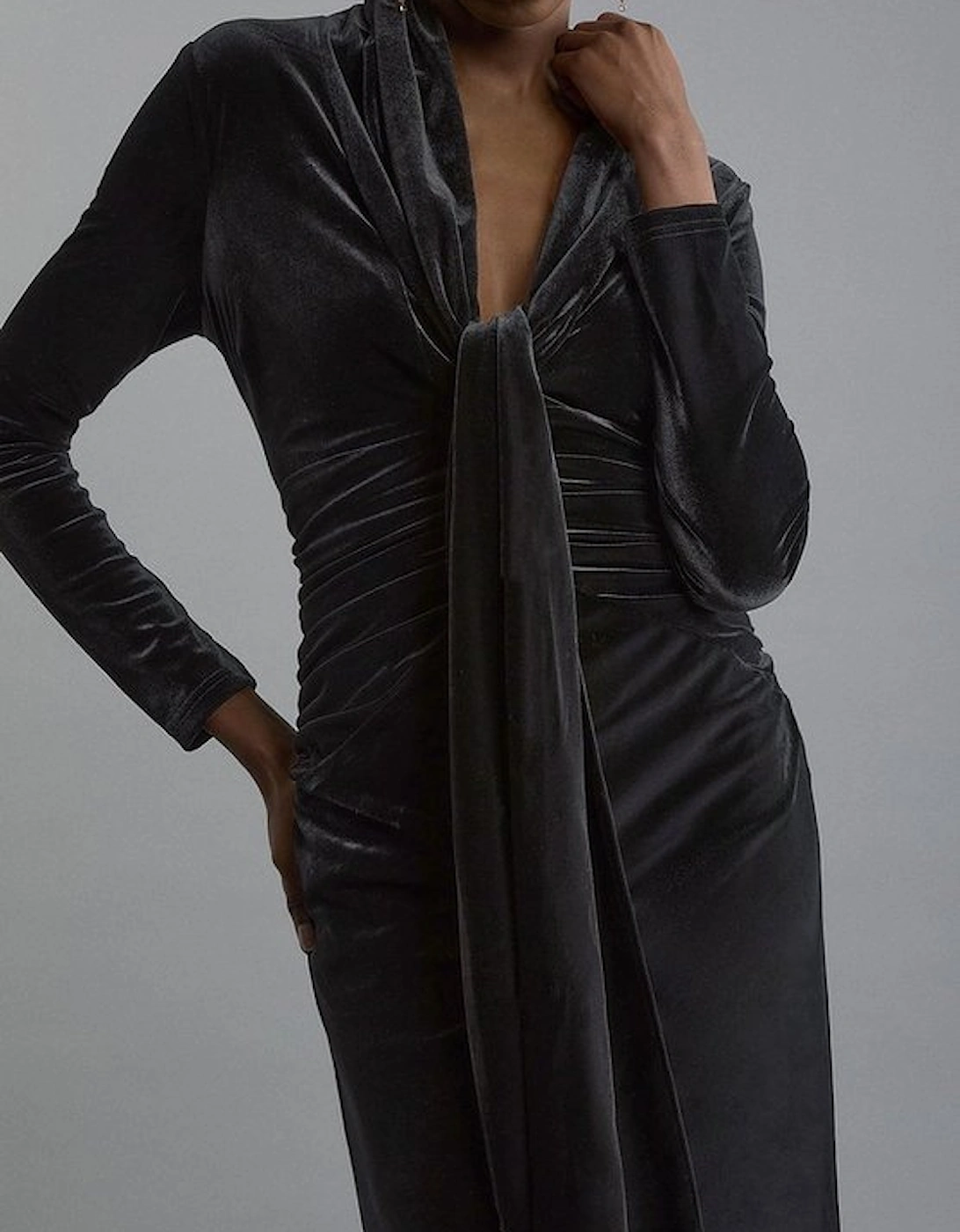 Velvet Long Sleeve Wrap V Neck Maxi Dress