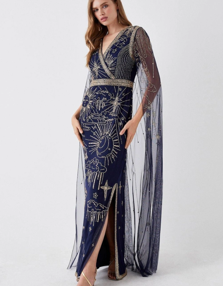 Celestial Hand Embellished Cape Back Maxi Dress