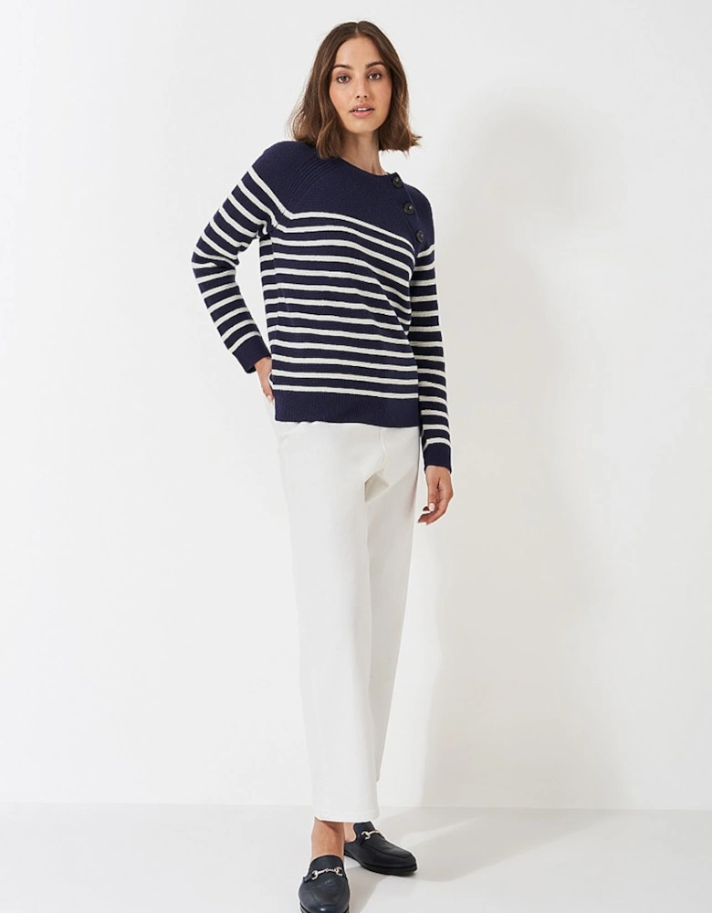 Women's Harmony Merino Wool Blend Rachel Button Neck Raglan Sleeve Jumper Navy White