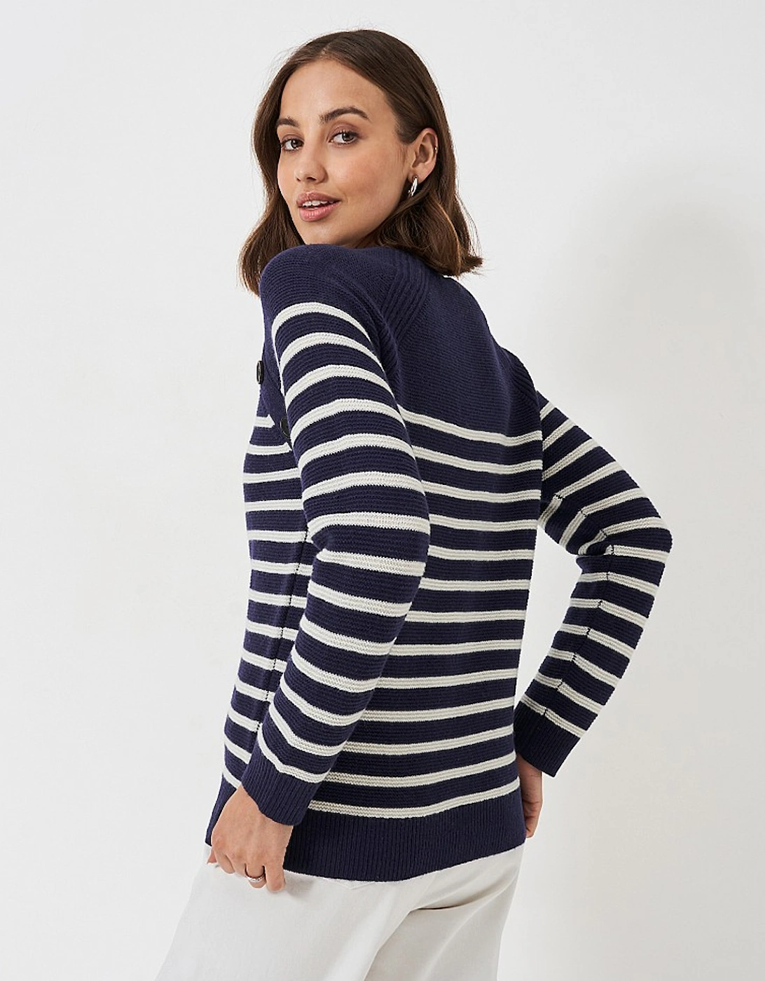 Women's Harmony Merino Wool Blend Rachel Button Neck Raglan Sleeve Jumper Navy White