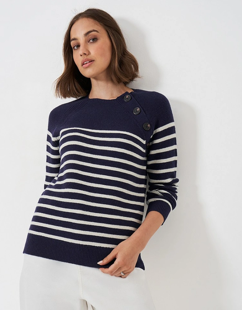 Women's Harmony Merino Wool Blend Rachel Button Neck Raglan Sleeve Jumper Navy White