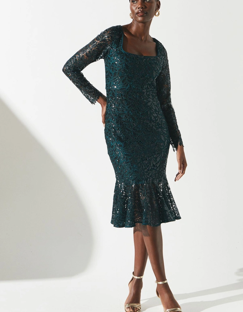 Party Sequin Lace Long Sleeve Midi Dress