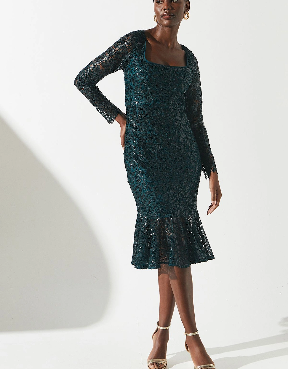 Party Sequin Lace Long Sleeve Midi Dress, 6 of 5