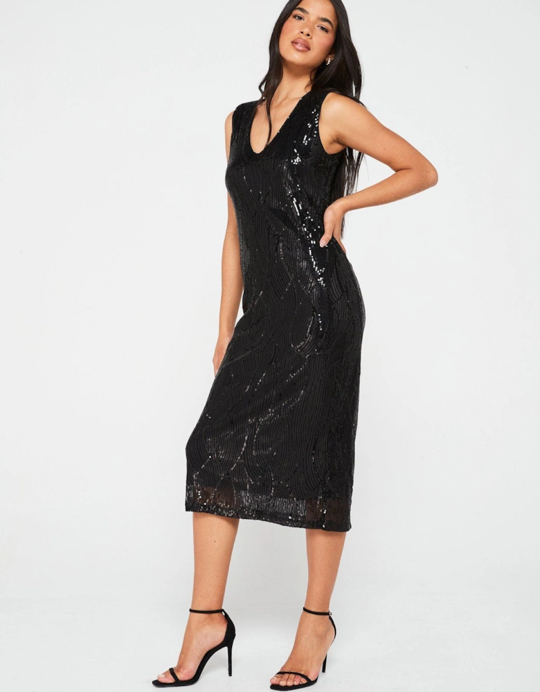 Sequin Sheer Short Sleeve Midi Dress - Black