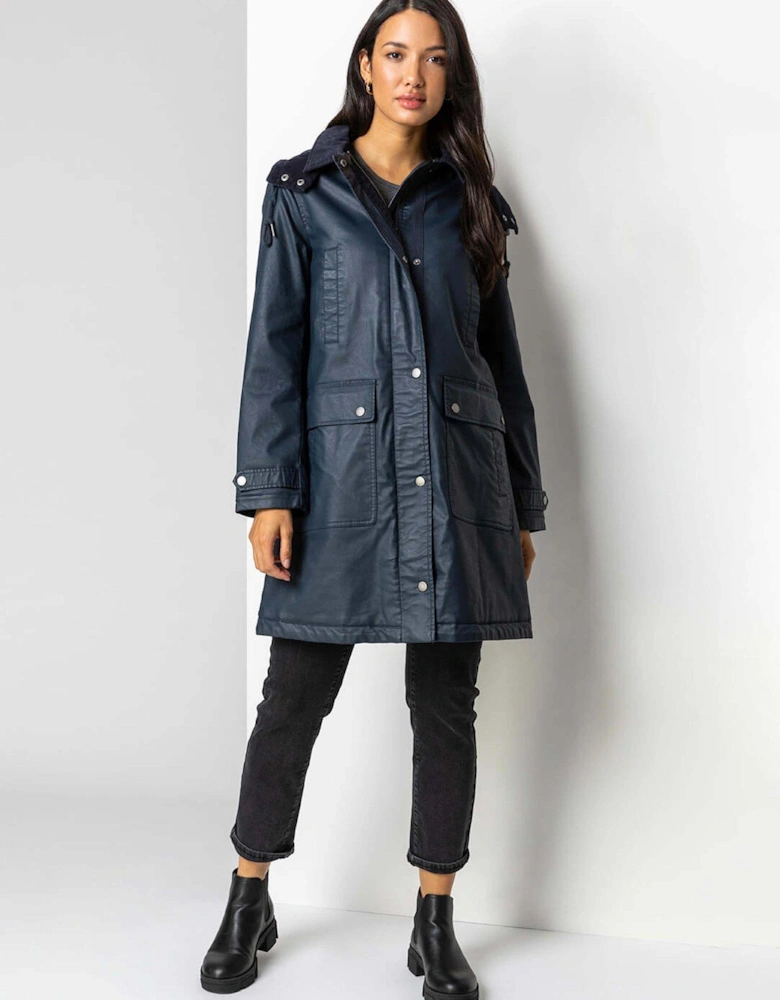 Waxed Longline Hooded Coat - Navy