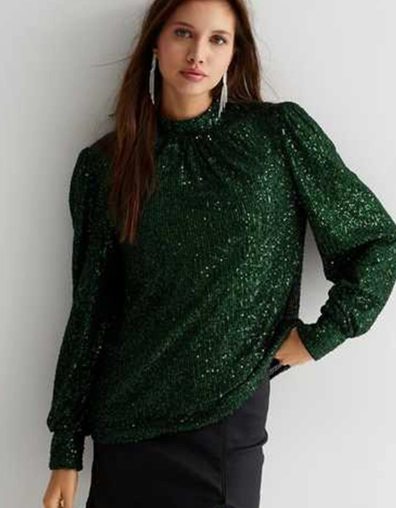 Green Sequin High Neck Loosefit Blouse