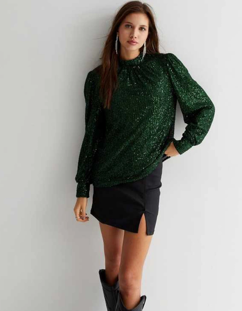 Green Sequin High Neck Loosefit Blouse