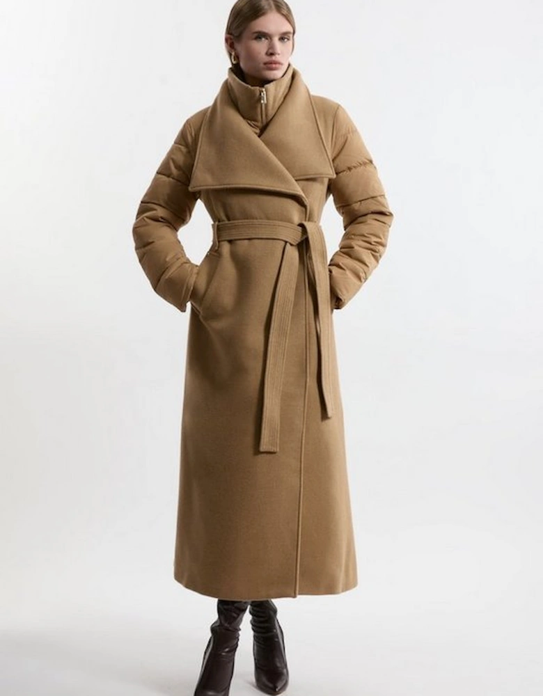 Wool Blend Hybrid Puffer Belted Midi Coat