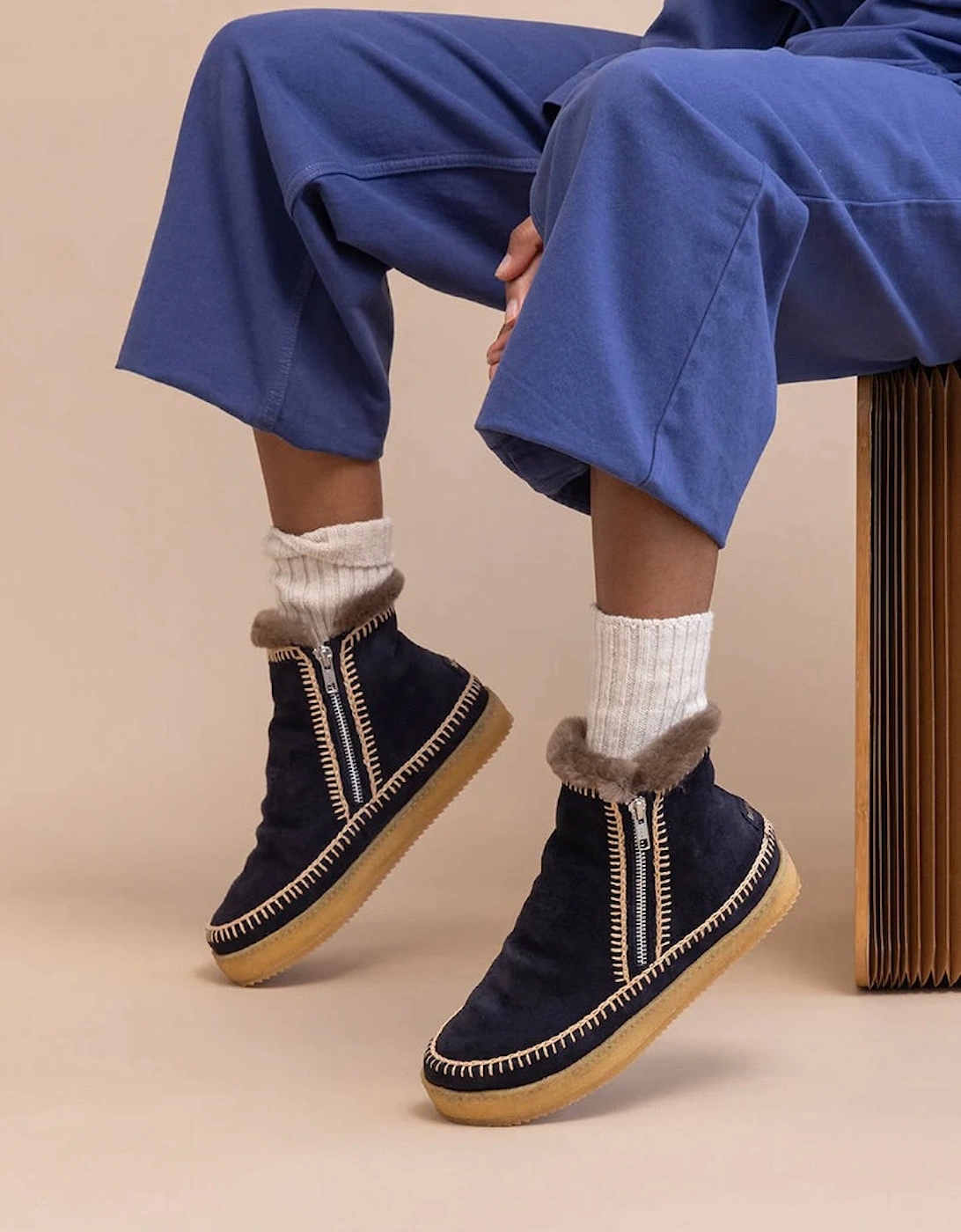 Setsu Crochet Crepe Boot - Navy Suede