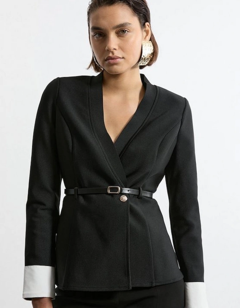 Figure Form Bandage Knit Woven Cuff And Belted Jacket