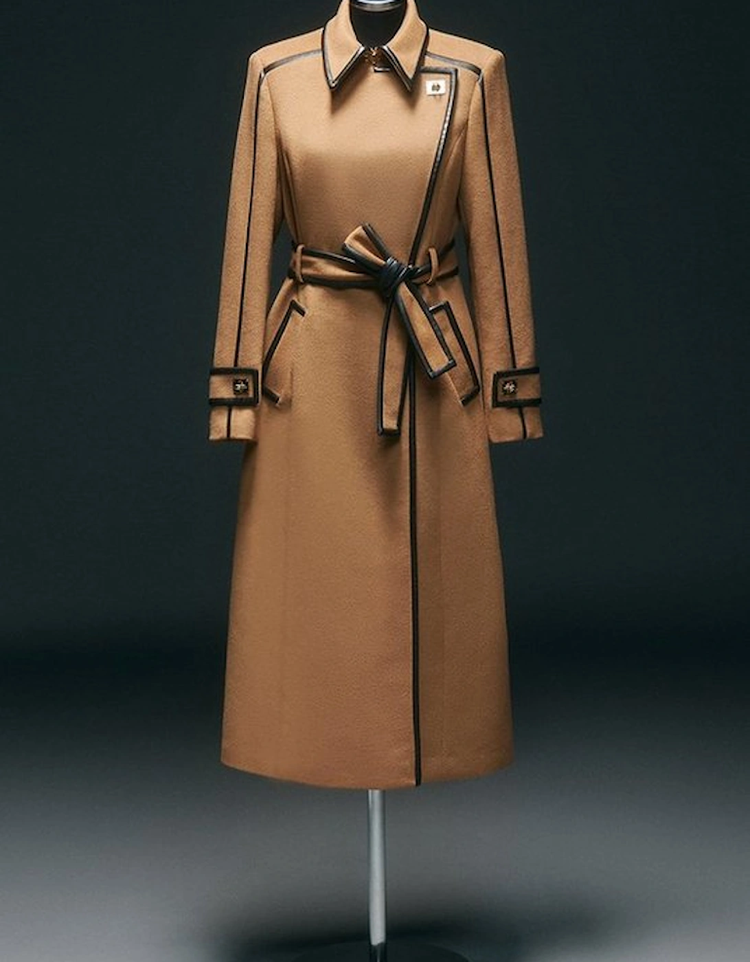 Brushed Wool Pu Trim Belted Tailored Double Breasted Midi Coat, 2 of 1