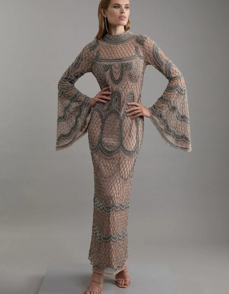 Embellished And Beaded Long Sleeve Woven Maxi Dress