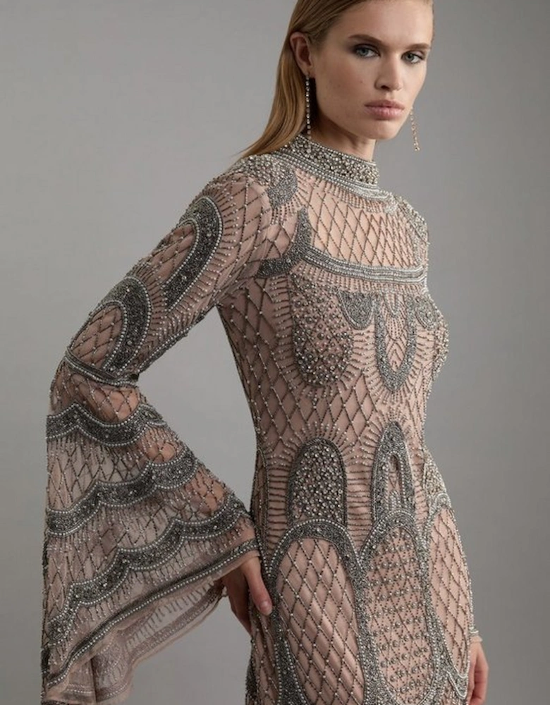 Embellished And Beaded Long Sleeve Woven Maxi Dress