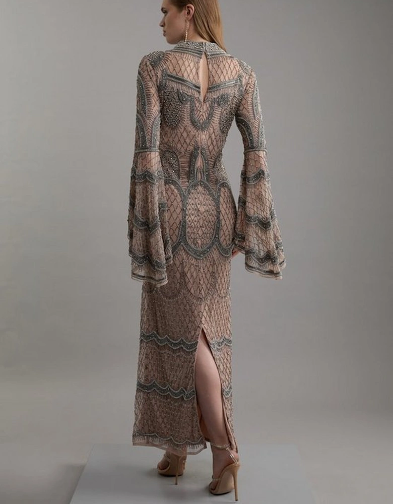 Embellished And Beaded Long Sleeve Woven Maxi Dress