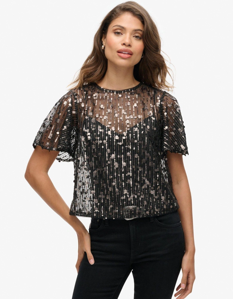 Sheer Short Sleeve Sequin Top - Black