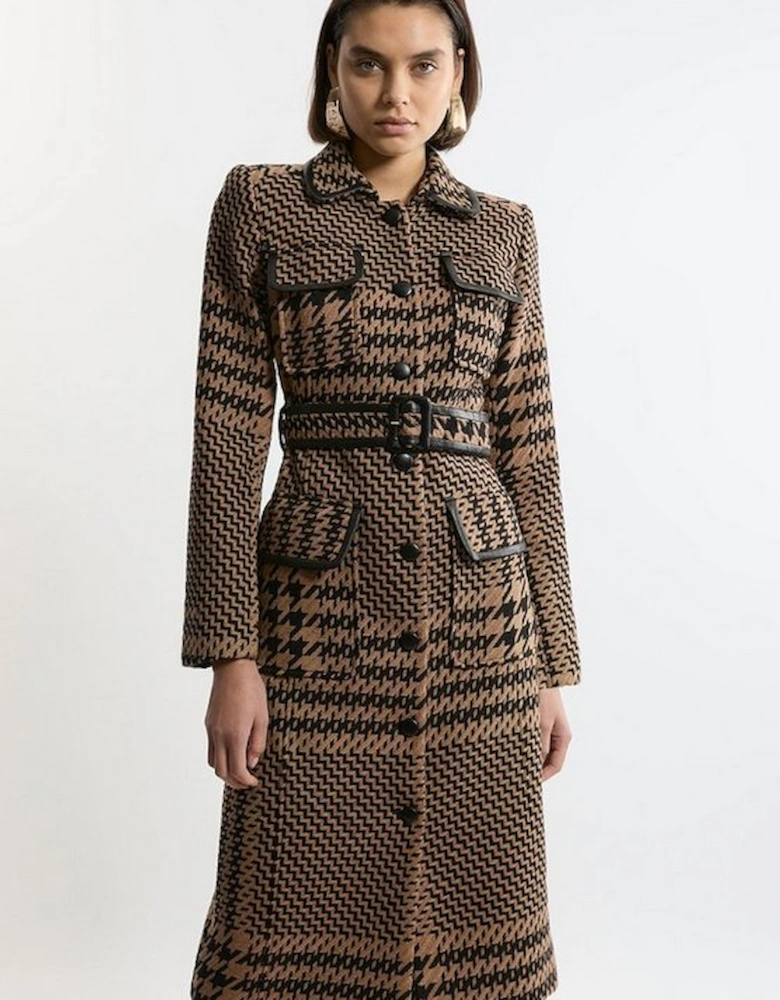 Houndstooth Check Pocket Detail Belted Pu Tipped Tailored Midi Coat