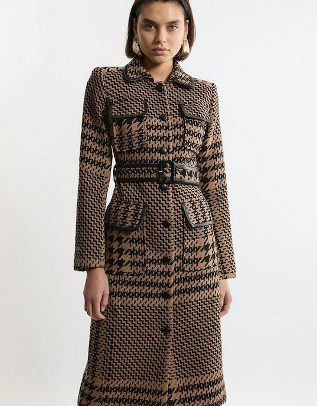 Houndstooth Check Pocket Detail Belted Pu Tipped Tailored Midi Coat, 5 of 4