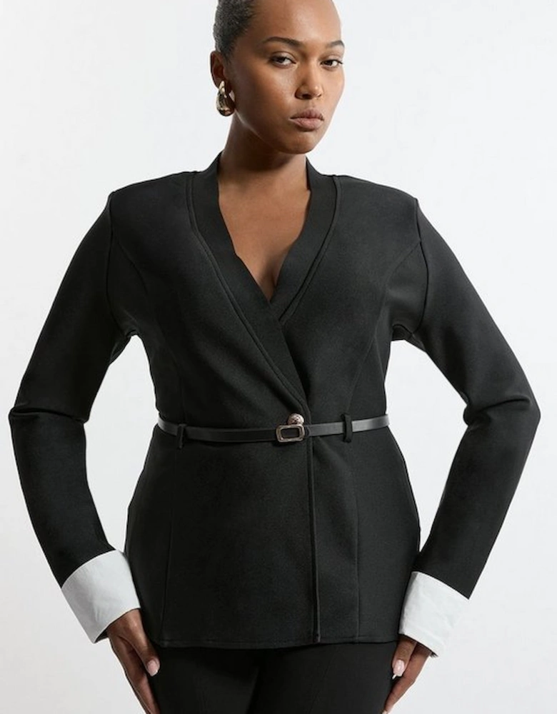 Plus Size Figure Form Bandage Knit Woven Cuff And Belted Jacket