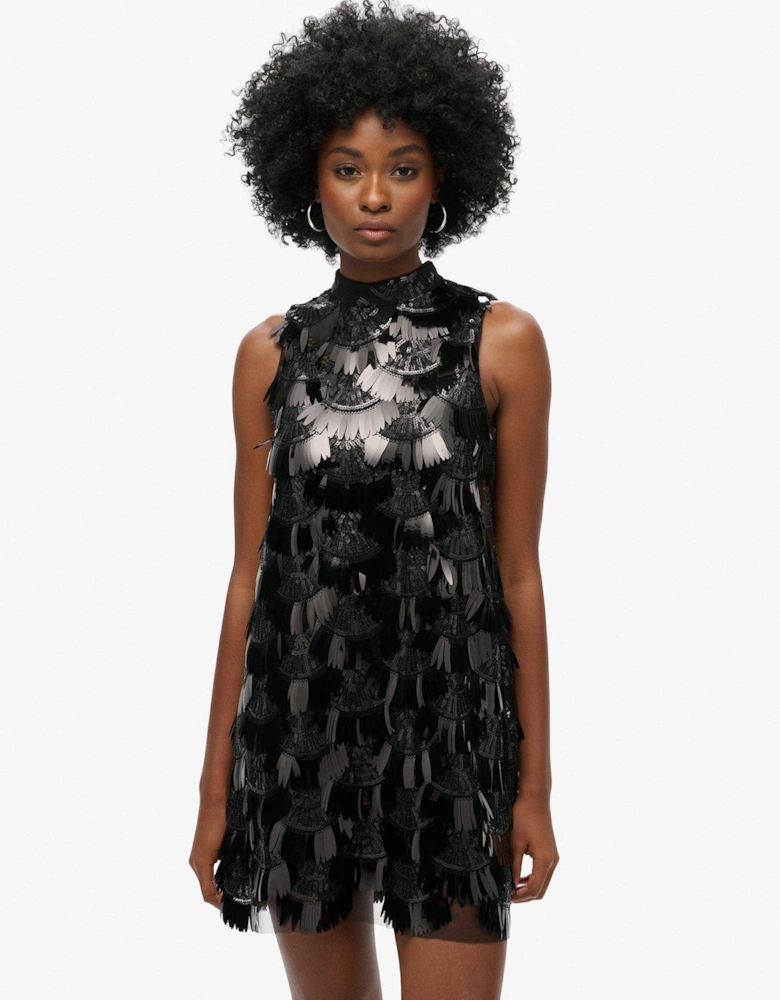 A-Line Fringe Sequin Dress - Black