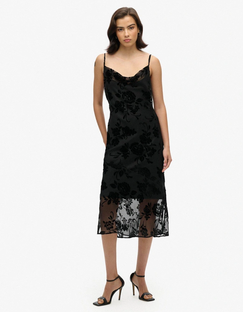 Lace Cowl Midi Slip Dress - Black