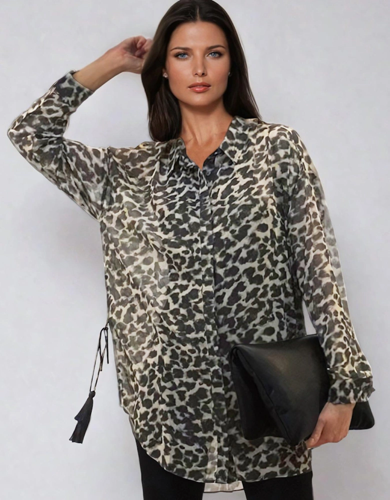 Oversized Long Line Shirt In Leopard Print - Multi