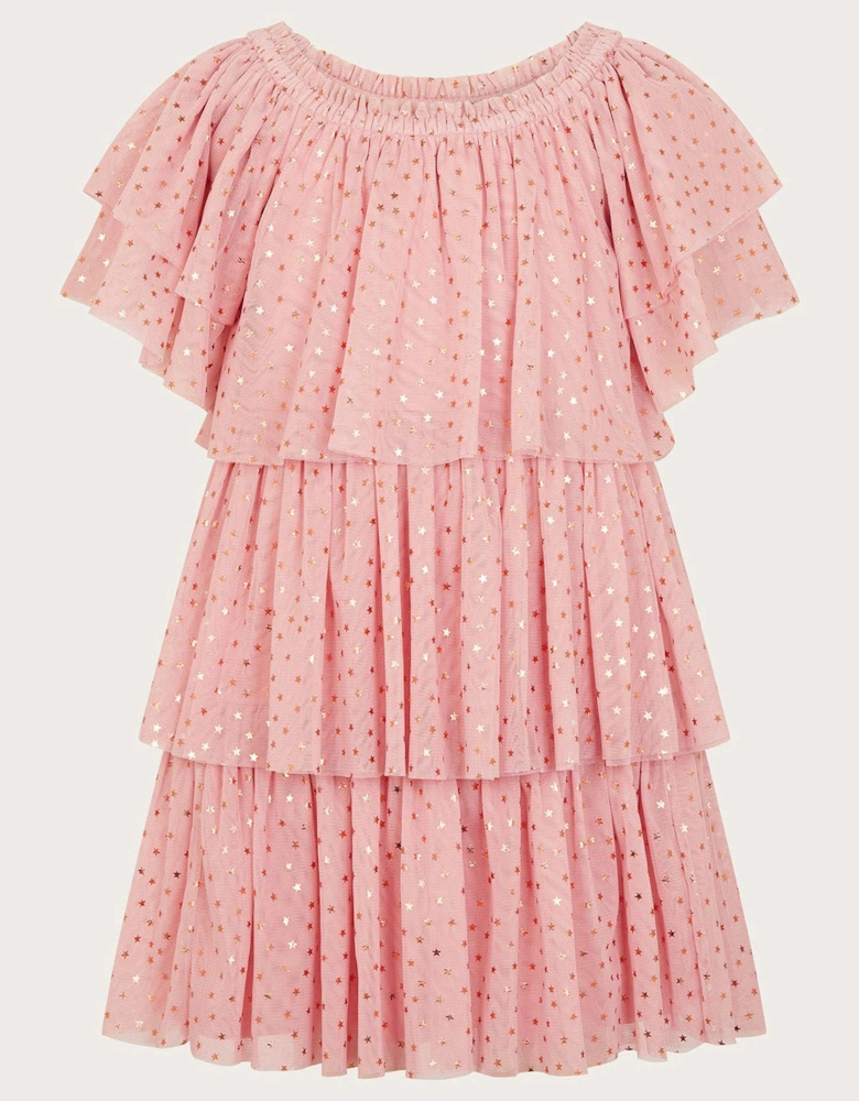 Girls Metallic Star Tiered Mesh Dress - Pink