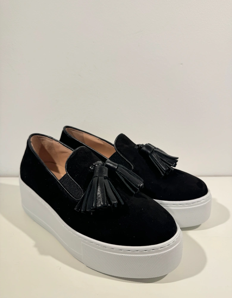 Black Suede Tassel Slip on Trainers