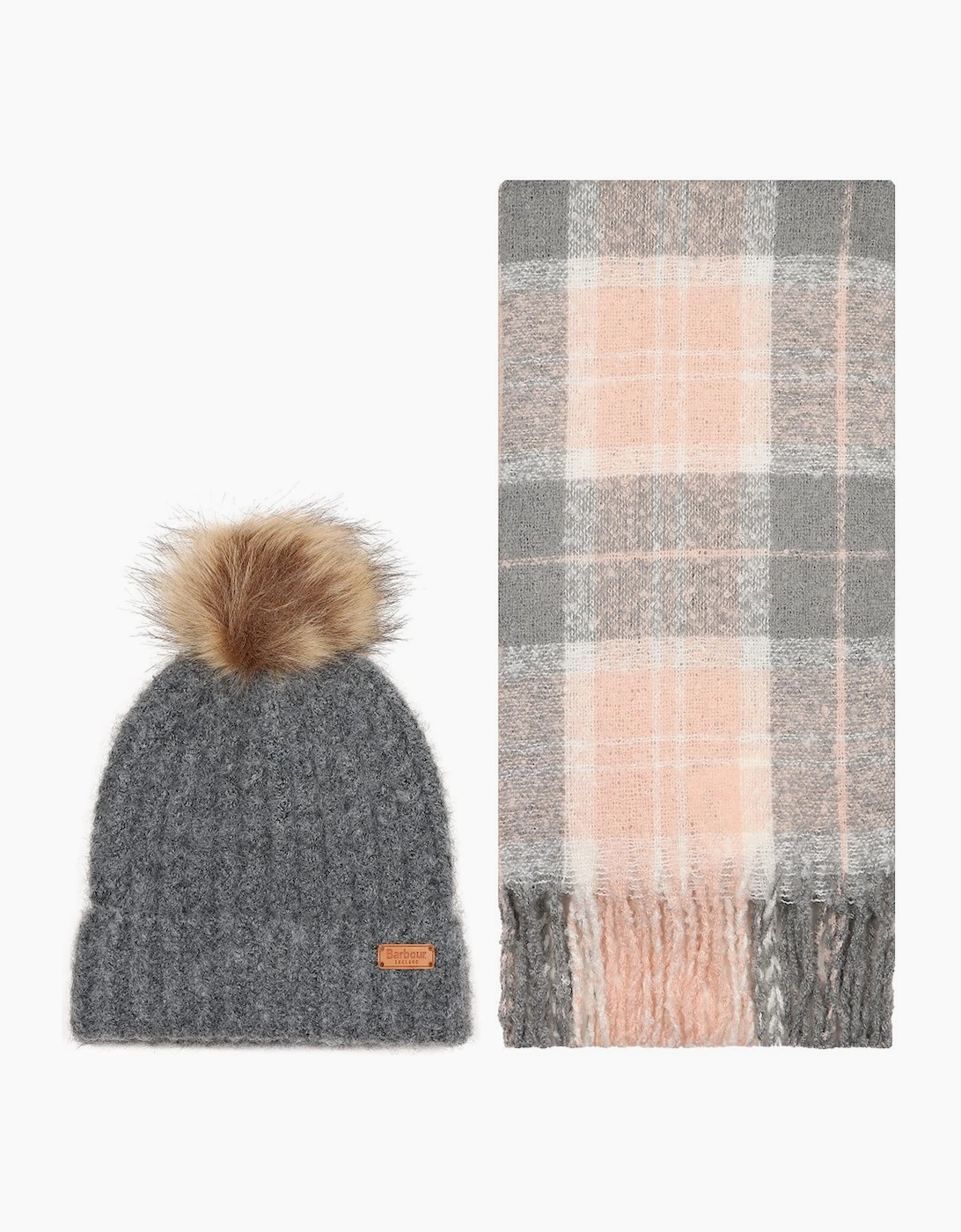 Barbour Unisex Grey Saltburn Beanie & Tartan Scarf Set - Size: One Size