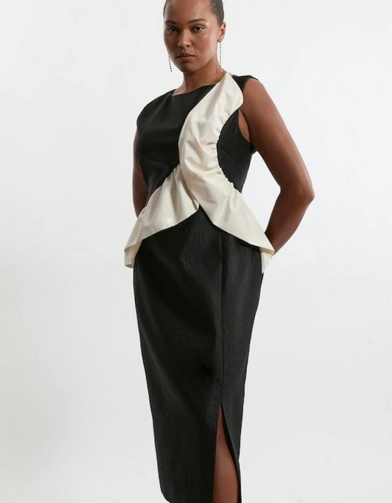 Plus Size Textured Tailored Contrast Taffeta Ruffle Maxi Dress