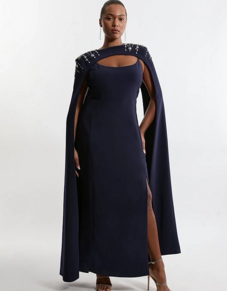 Plus Size Crystal Embellished Viscose Crepe Maxi Dress With Detachable Cape