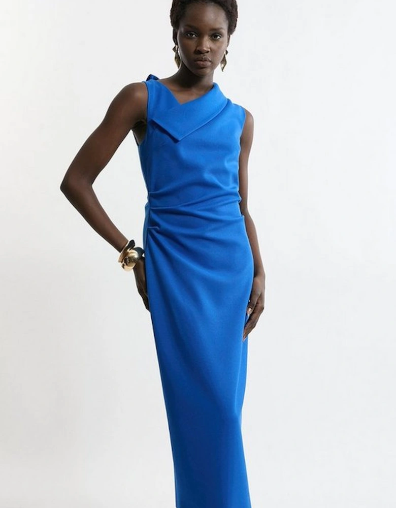 Structured Crepe Full Skirted Tailored Asymmetrical Maxi Dress