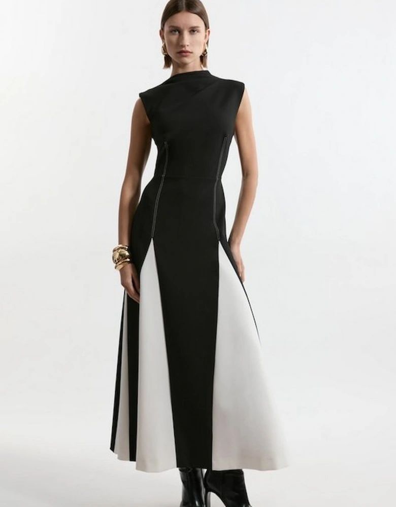 Compact Stretch Tailored Colour Block Full Skirted Midi Dress