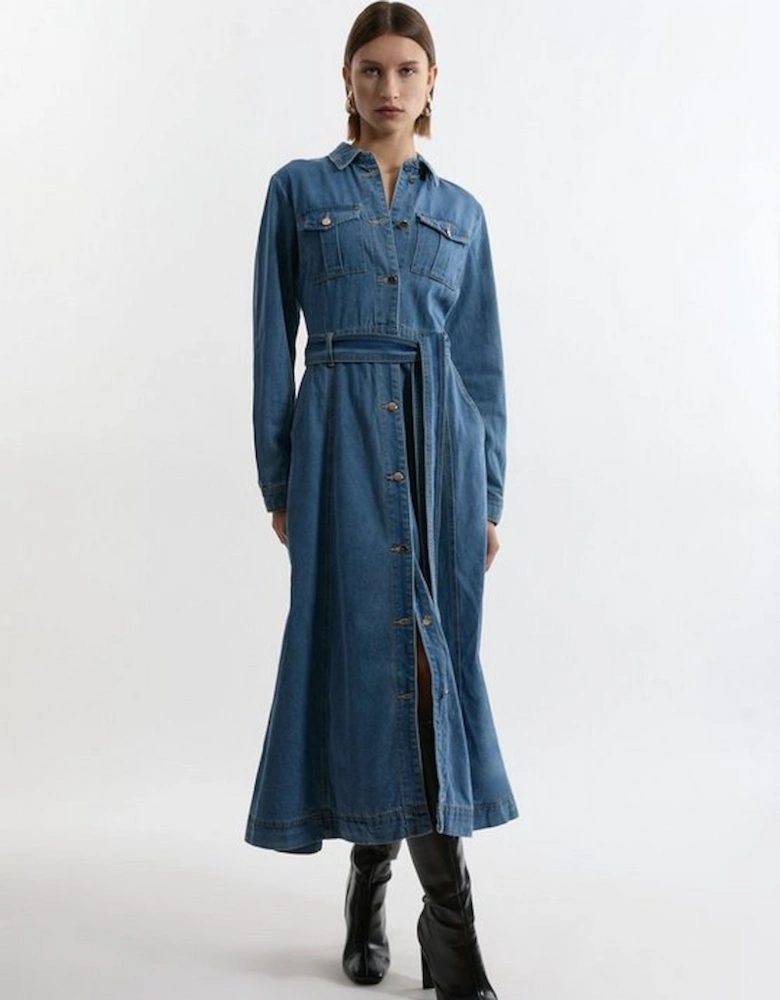 Denim Collared Belted Maxi Dress