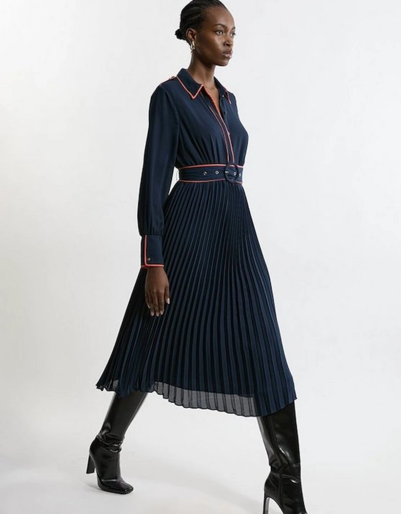 Georgette Pleated Piping Detail Woven Belted Maxi Dress