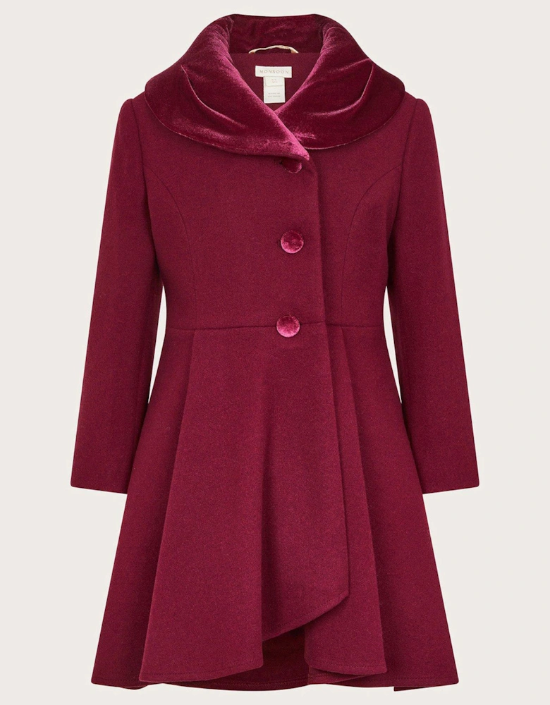 Girls Velvet Shawl Collar Coat - Burgundy