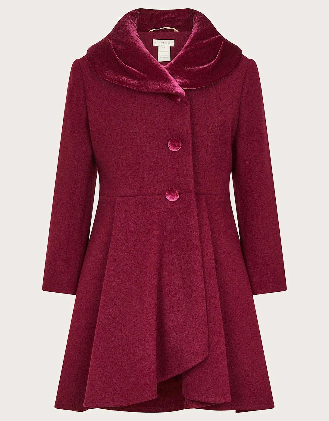 Girls Velvet Shawl Collar Coat - Burgundy, 2 of 1