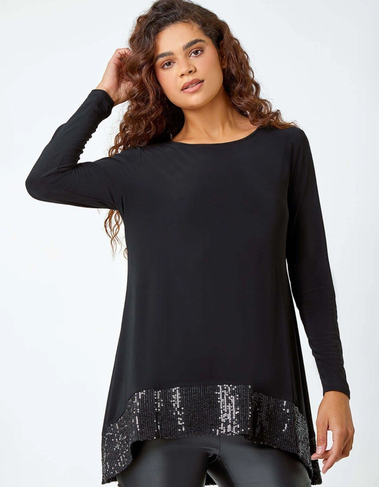 Sequin Hem Stretch Tunic Top - Black